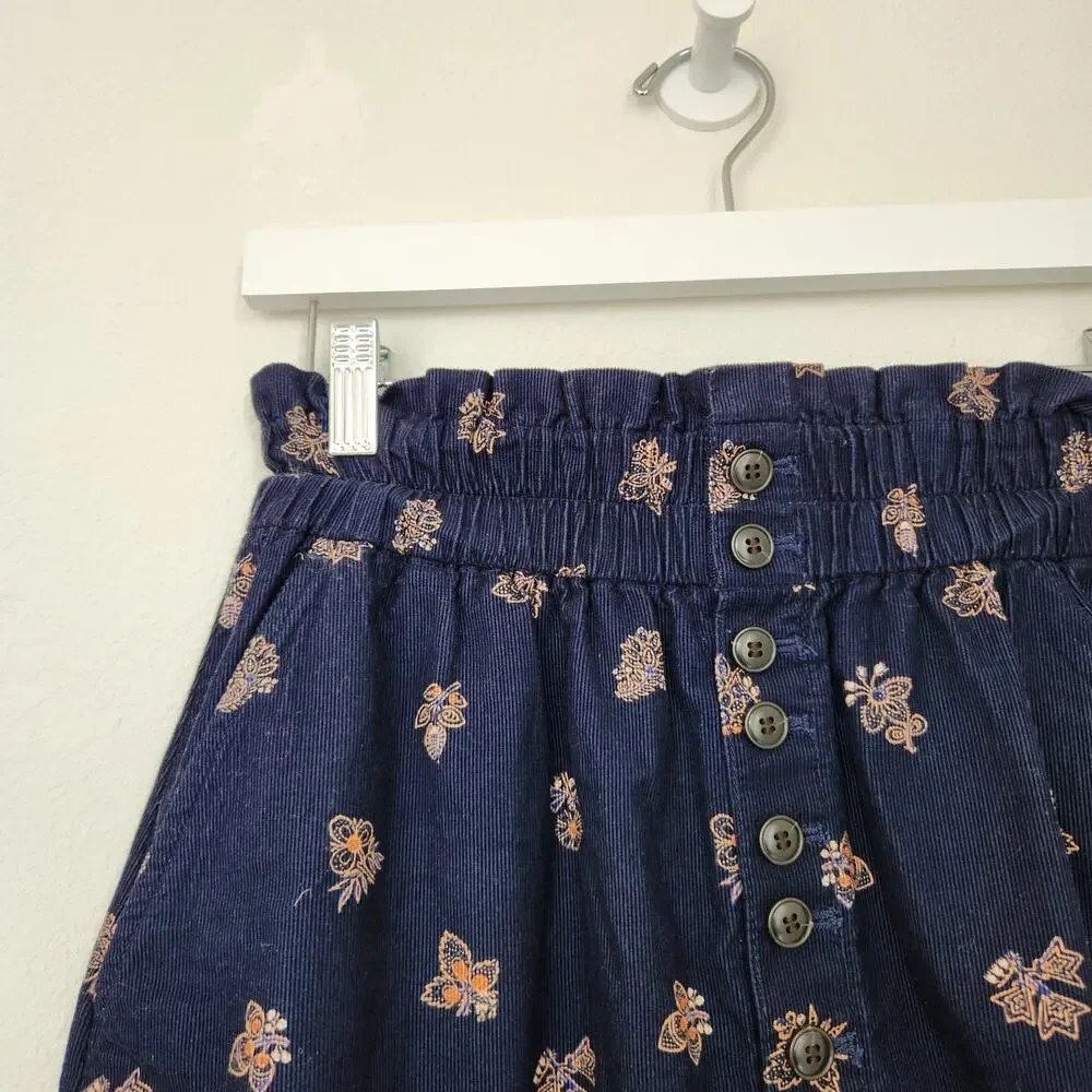 Madewell Navy Blue Boho Floral Corduroy Button Front Mini Skirt XS